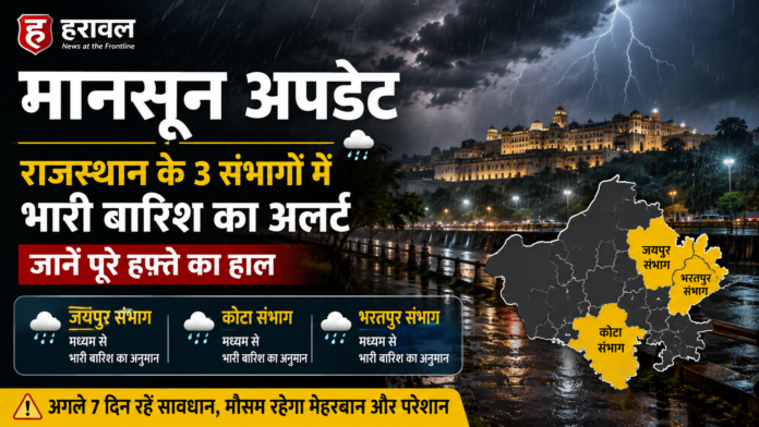 मानसून अपडेट: राजस्थान के 3 संभागों में भारी बारिश का अलर्ट, जानें पूरे हफ्ते का हाल